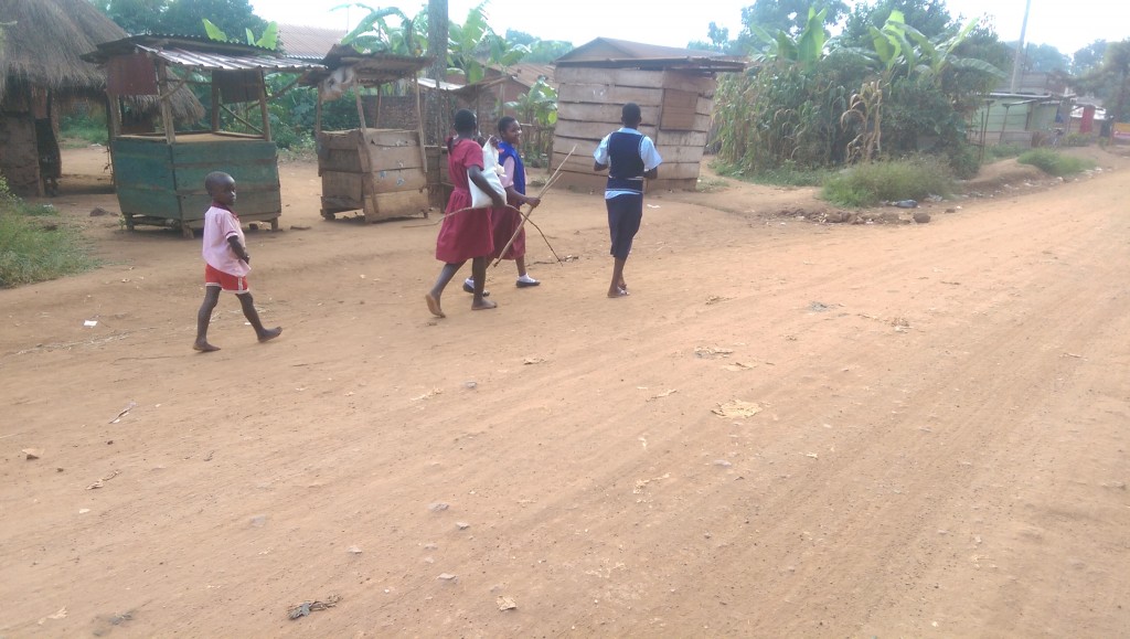 Kids carrying sticks to school
